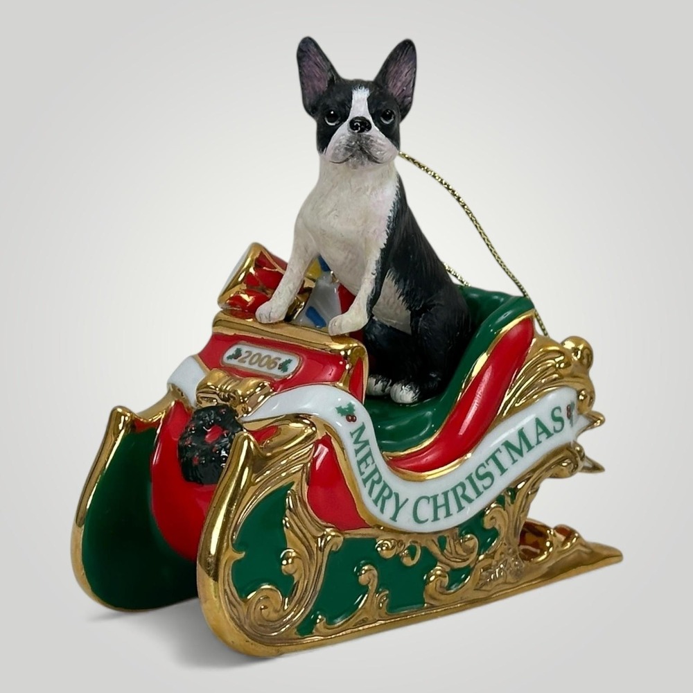 Boston Terrier Dog Ceramic Ornament Merry‎ Christmas Sleigh Tree 2006 4 inch